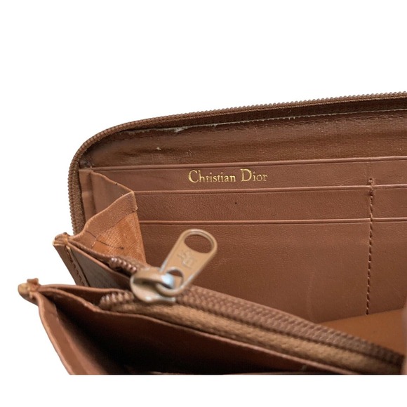 Christian Dior Vintage Wallet Olive Brown Leather Logo Zip Around - Picture 9 of 13